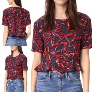 PIAMITA 100% Silk Red/Navy Bow Print Ruffle Trim Blouse Back Button Closure M